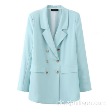 Women Blue Button Drehen Sie Kragen Blazer ab